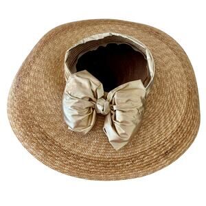 Vintage Deborah Rhodes Mocha Straw Hat Gold Metallic Bow Trim Sun Beach 19" W